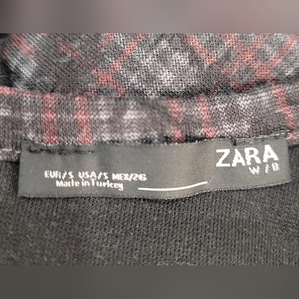 Zara Dress Bodycon Check Grey Burgundy Round Neck Long Sleeve - Picture 5 of 8